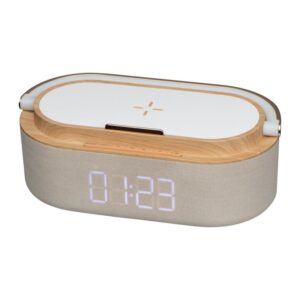 LIMASSOL Bluetooth тонколона с безжично зарядно, часовник, радио и лампа